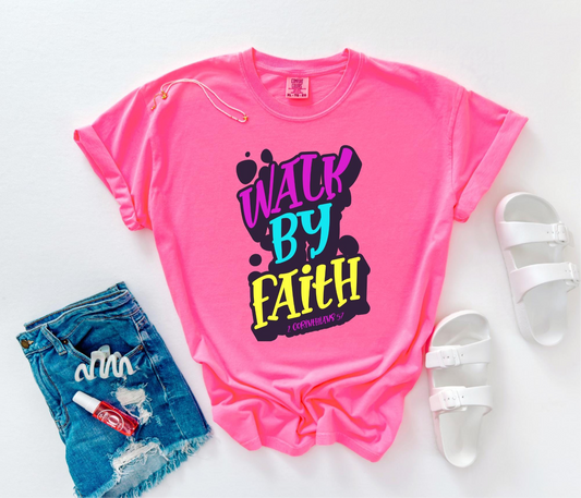 Walk By Faith Kids Shirt is design in a colorful and playful letters base on 2 Corinthians 5:7 Bible verse