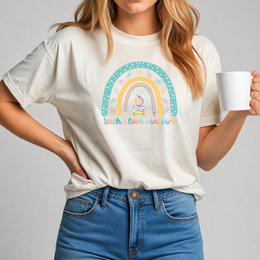 Front view of a woman wearing a white “Teach Love Inspire” teacher t-shirt with a rainbow and school supplies graphic.