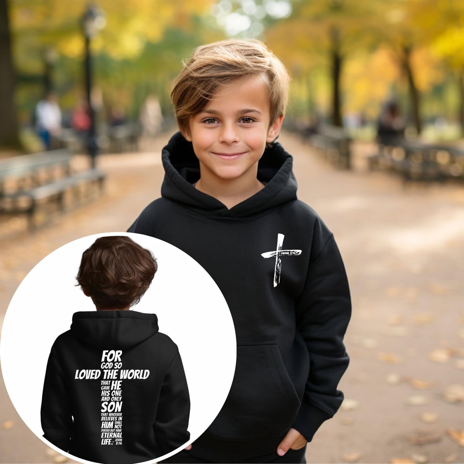 John 3:16 kids hoodie - Black kids sweatshirt featuring a white cross design on the chest and John 3:16 scripture printed on the back.