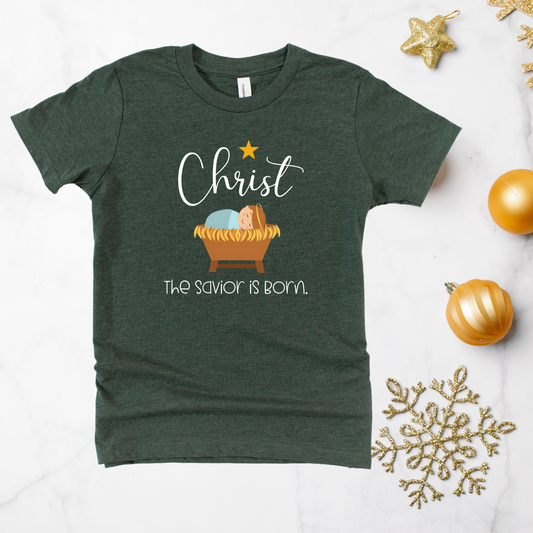 Christ the Savior is Born T-shirt  Forest Green T shirt for Kids. 