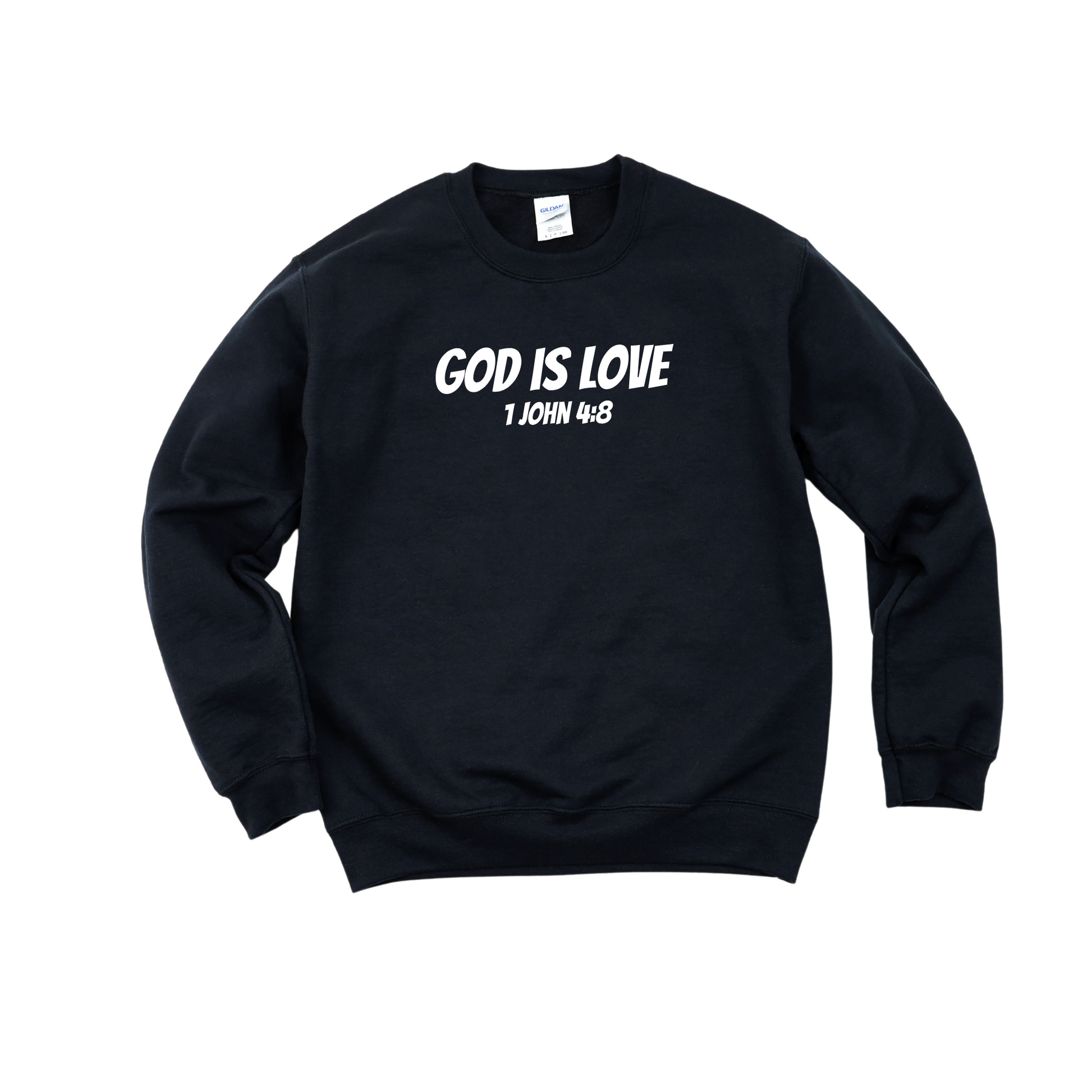 God Is Love kids hoodie with 1 John 4:8 Bible verse in bold white print