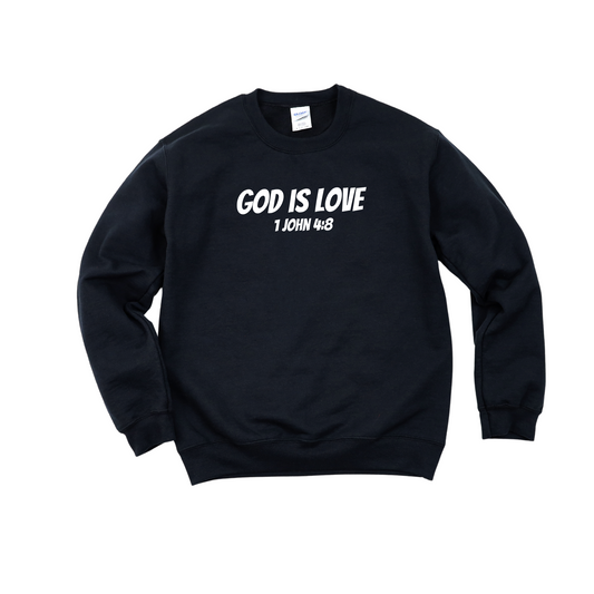 God Is Love kids hoodie with 1 John 4:8 Bible verse in bold white print