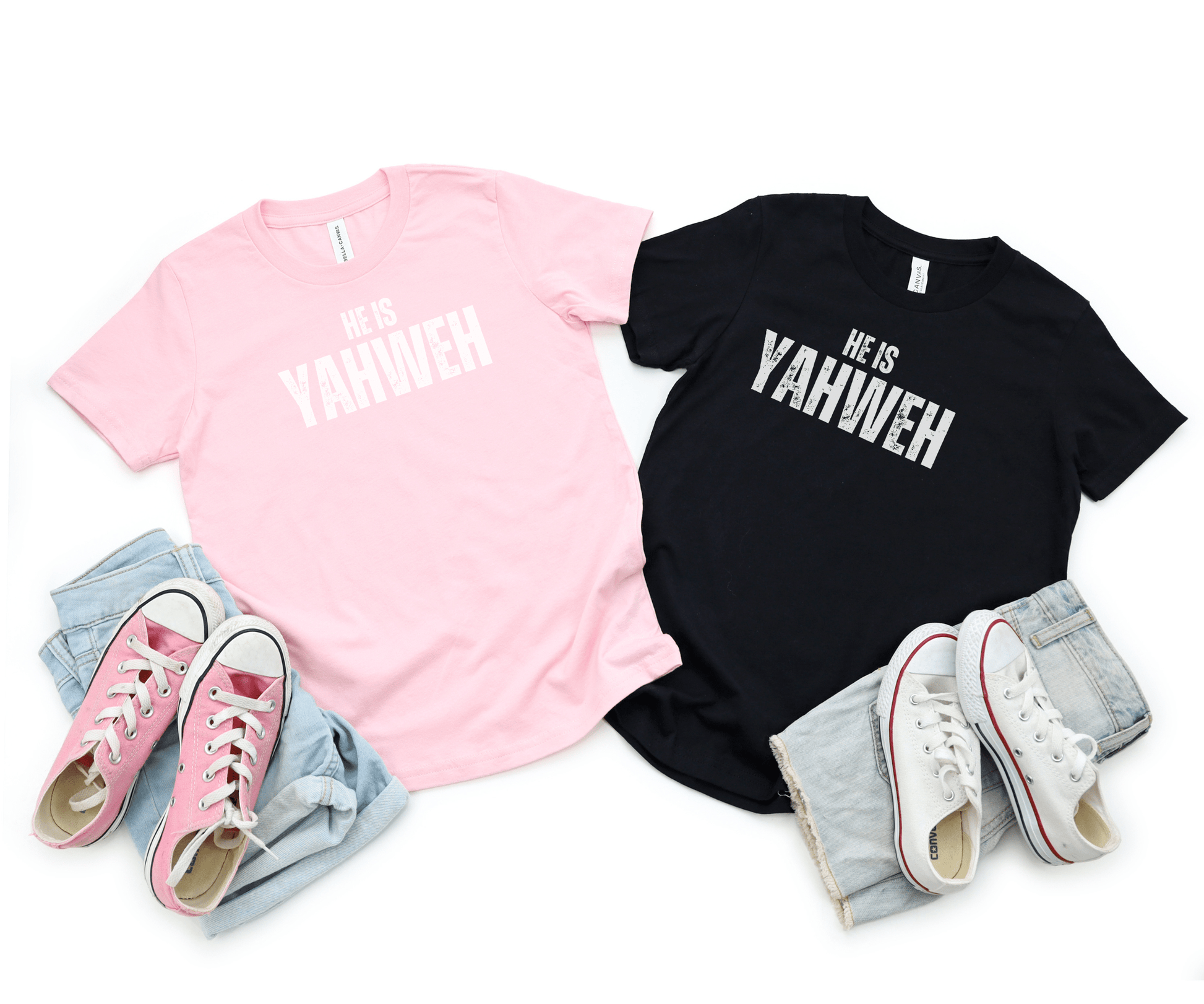 He Is Yahweh Kids Shirt – Christian Faith Tee matching black and pink with “He Is YAHWEH” text – perfect faith-based apparel for siblings or family outfits