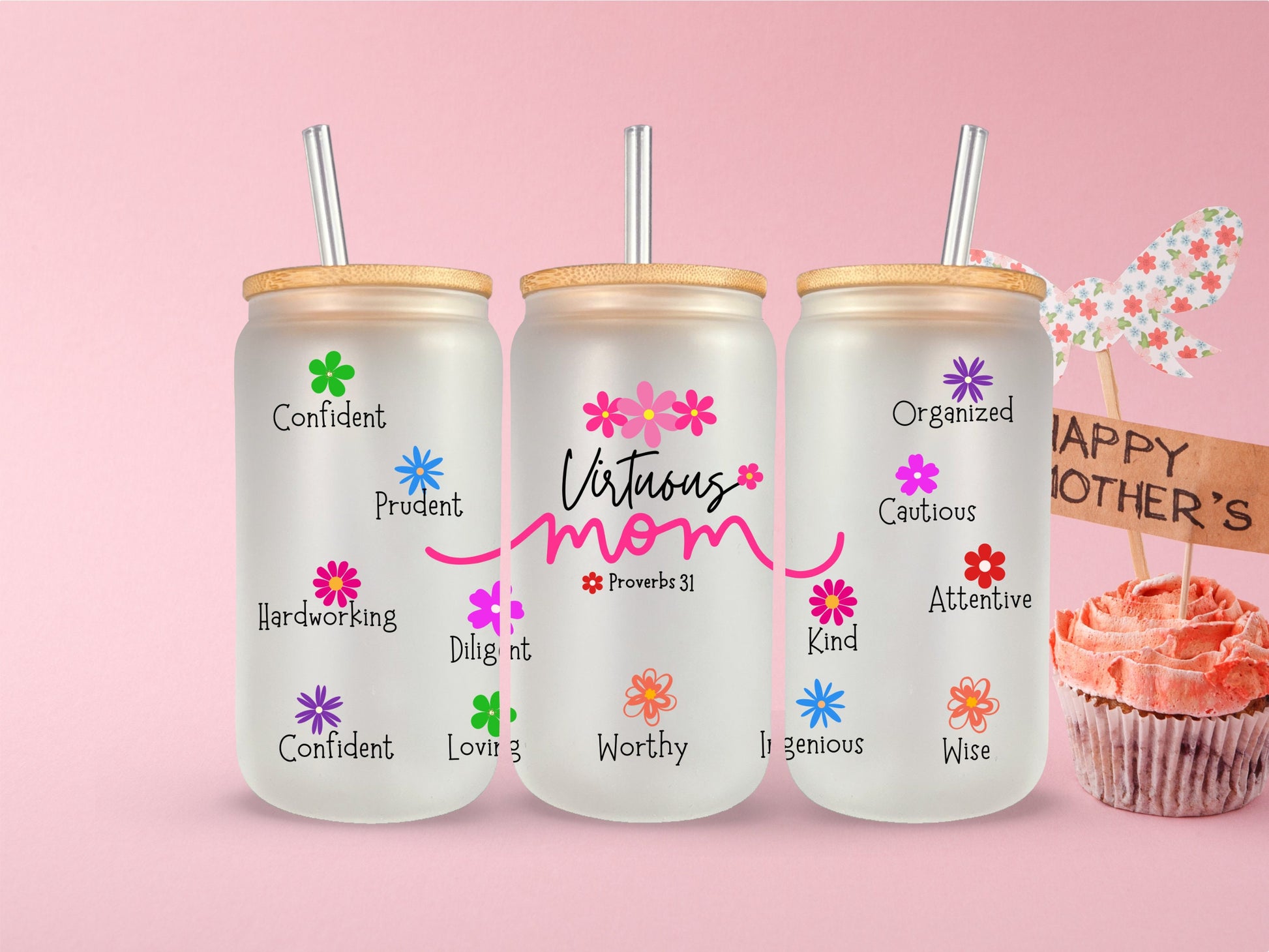 Virtuous Mom Frosted Glass Can 16oz - I Proverbs 31 I Inspired Mother's Day Gift, Elegant Drinkware for Mom