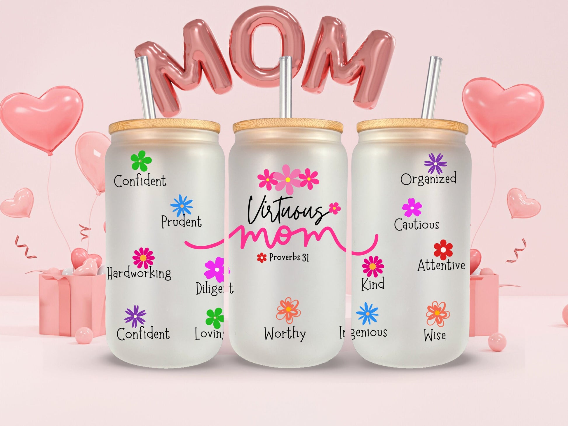 Virtuous Mom Frosted Glass Can 16oz - I Proverbs 31 I Inspired Mother's Day Gift, Elegant Drinkware for Mom