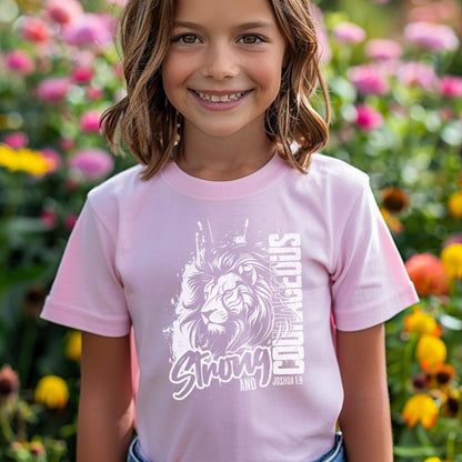 Joshua 1:9 Be Strong and Courageous kids t-shirt in soft cotton, featuring bold Bible verse design for toddlers and youth. Fun, faith-based apparel perfect for church, school, or play.