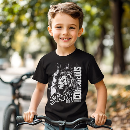 Joshua 1:9 Be Strong and Courageous kids t-shirt in soft cotton, featuring bold Bible verse design for toddlers and youth. Fun, faith-based apparel perfect for church, school, or play