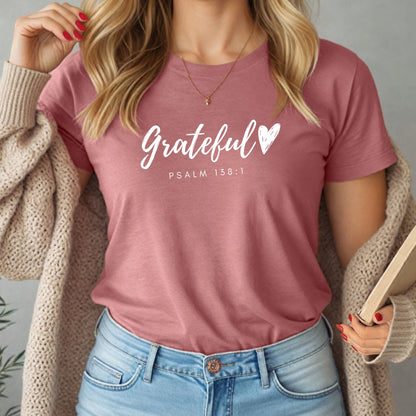 Grateful Heart” Christian t-shirt in fall colors (mustard, mauve, heather brown, burgundy, and black) with Psalm 138:1 verse design. Ideal for Thanksgiving and faith-based outfits.