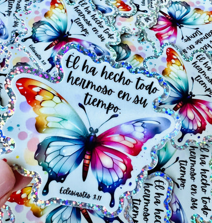 Calcomanía holográfica cristiana con Eclesiastés 3:11, perfecta para portátiles.