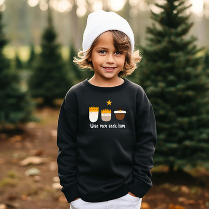 Wise Men Seek Him Crewneck for Kids — Black Gildan 1800B with 3 Kings design