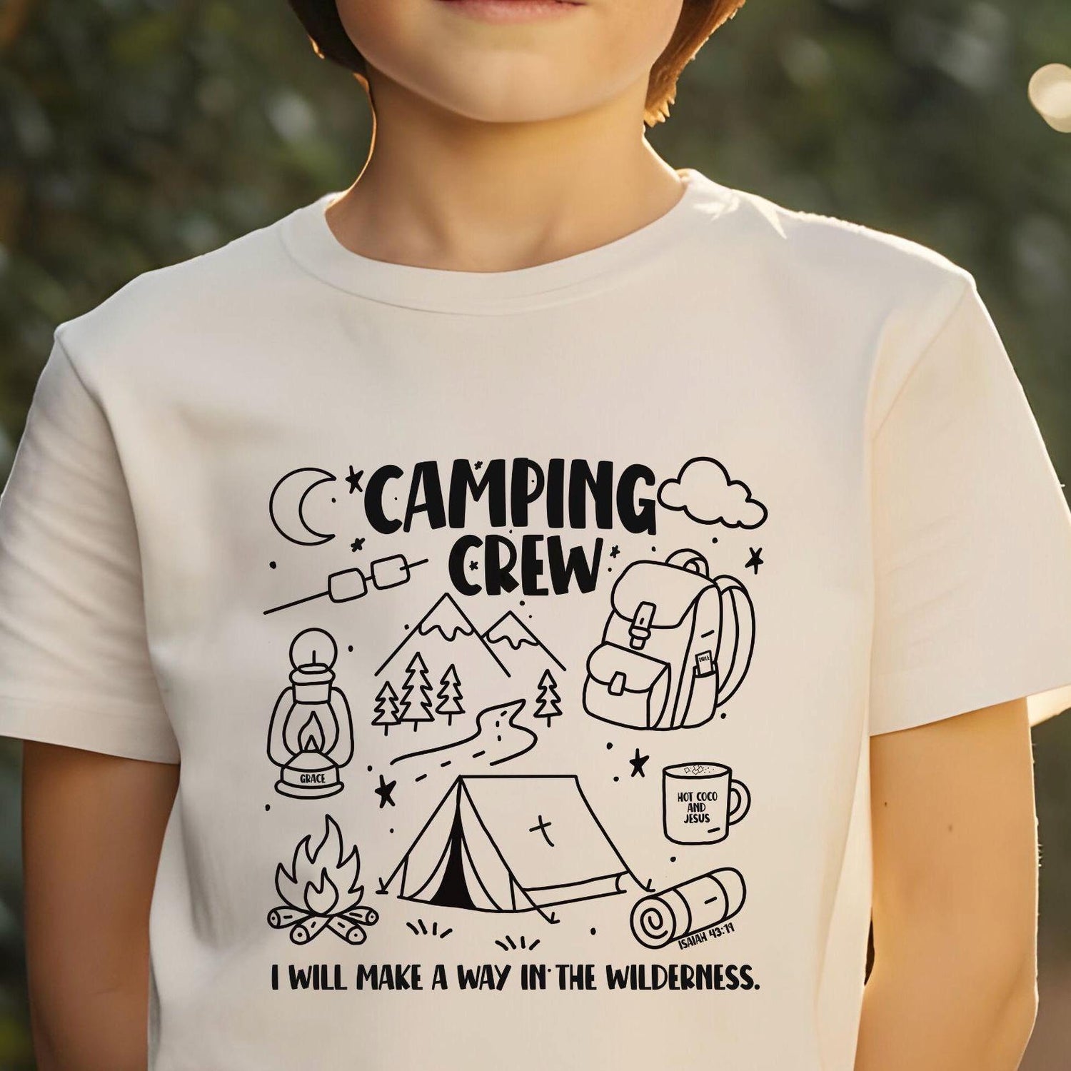 Camping Crew Doodle Shirt for Kids – Christian T-Shirt with Hand-Drawn Camping Illustration