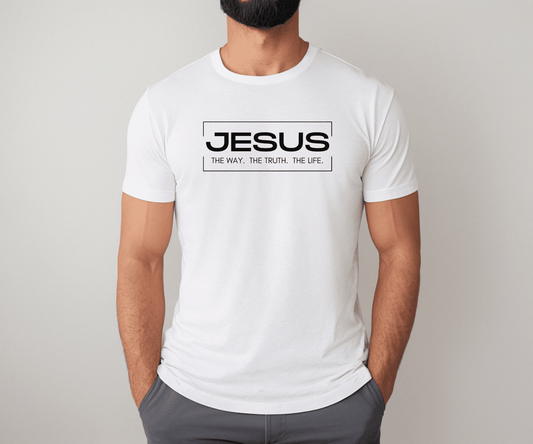 A men wearing a white Jesus the Way the Truth the Life shirt - model 