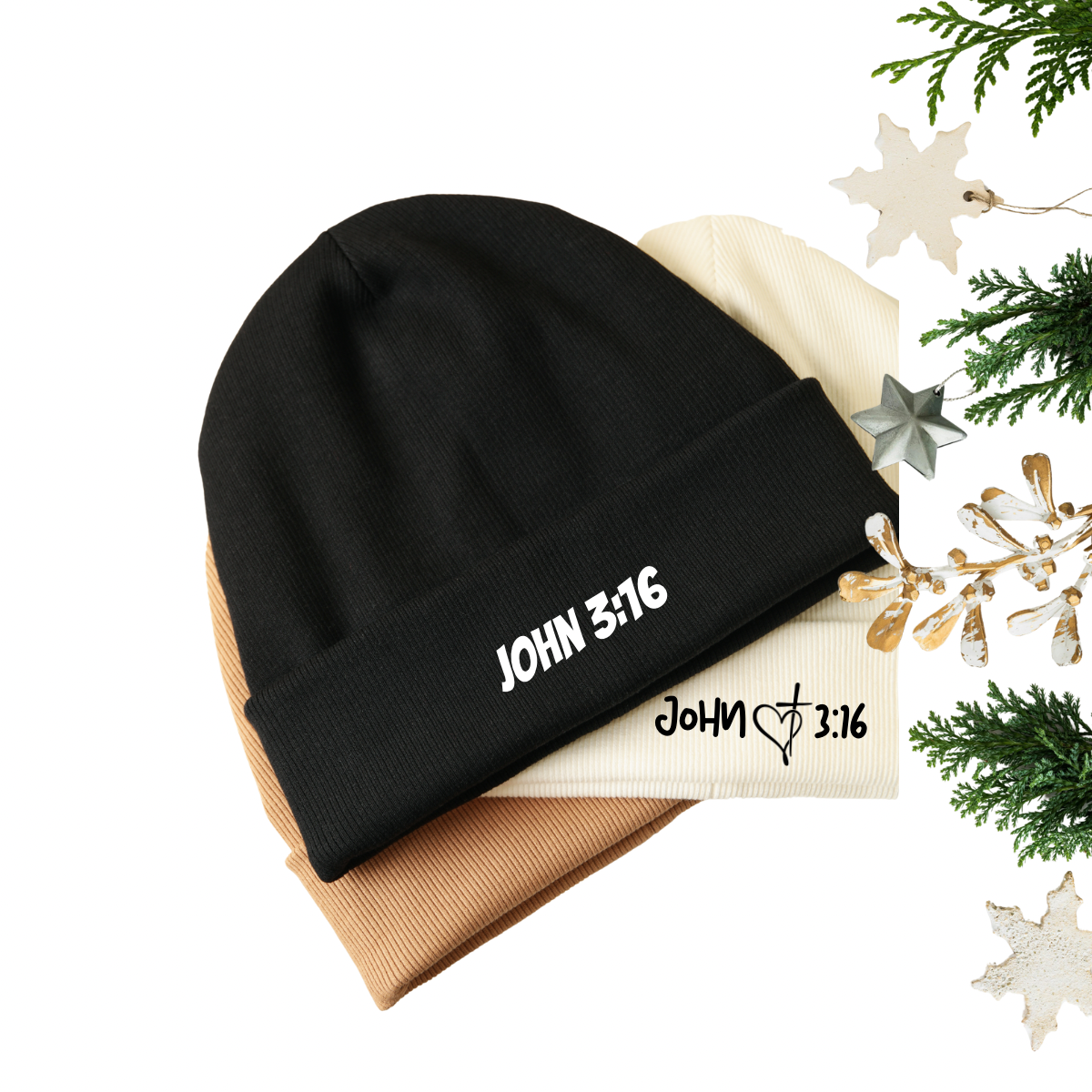 Black beanie with 'JOHN 3:16' text on a white background with decorative elements.