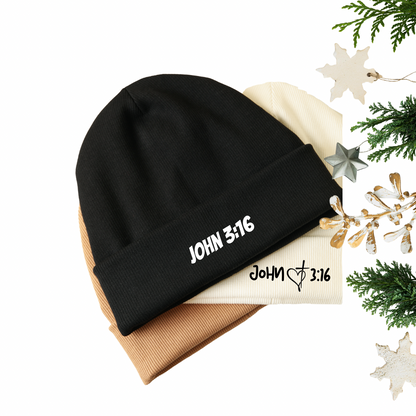 Black beanie with 'JOHN 3:16' text on a white background with decorative elements.