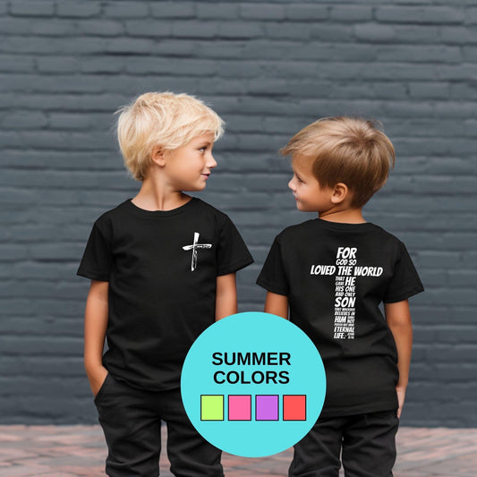 Aboundinfaith.com Kid’s Tshirt John 3:16 Kids Christian Shirt - 'For God So Loved The World'.