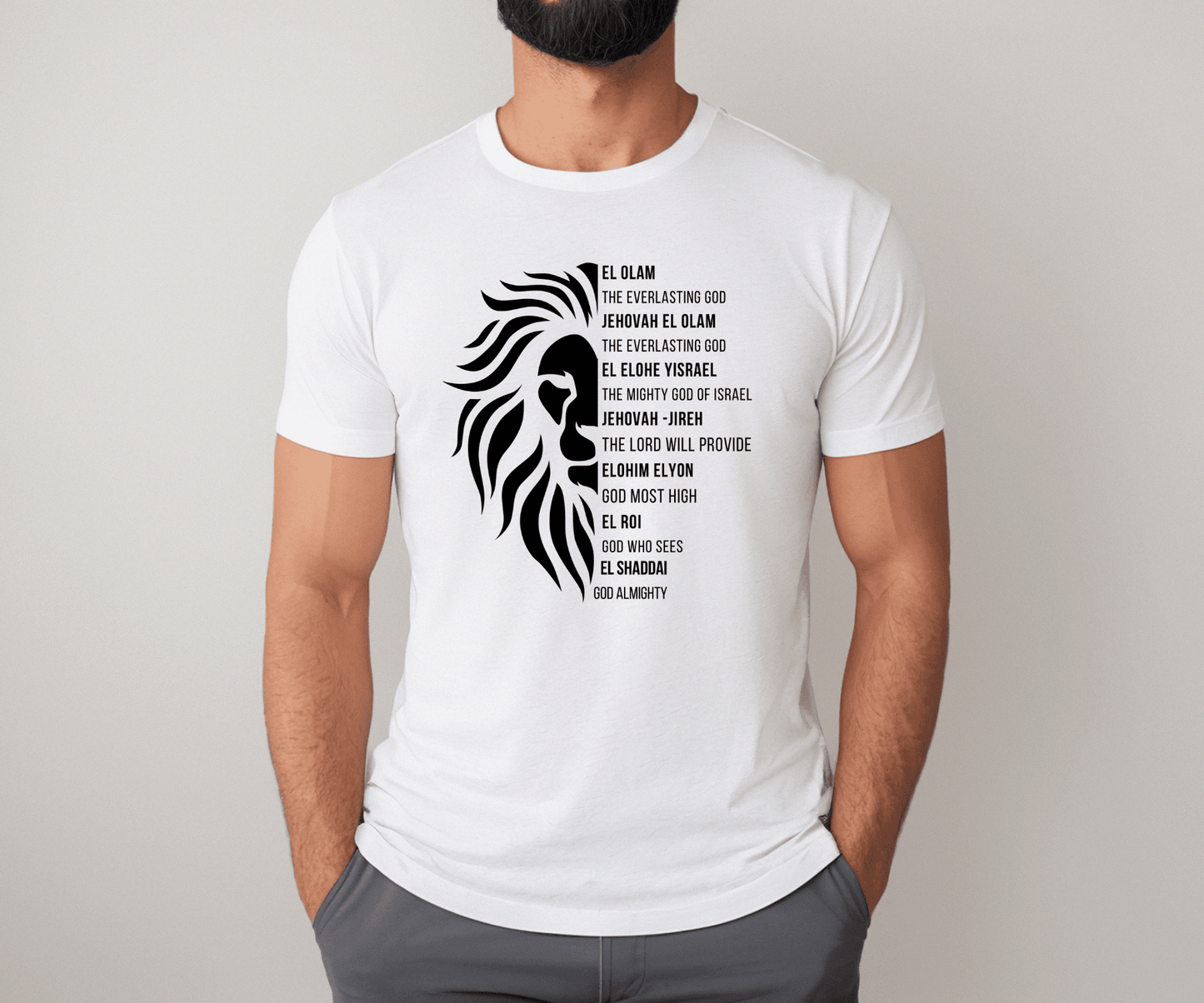 Names of God Christian T-Shirt for men with Lion of Judah graphic