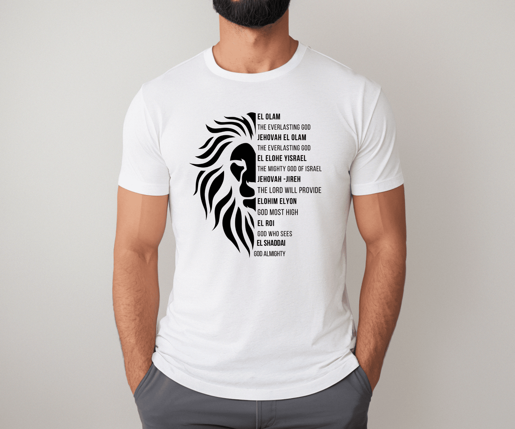 Names of God Christian T-Shirt for men with Lion of Judah graphic