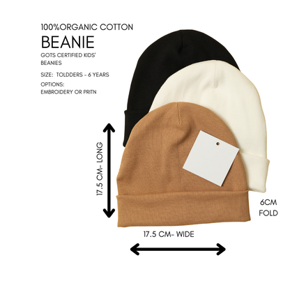 Three beanies in black, white, and brown with measurements and product details on a white background. aboudn in faith