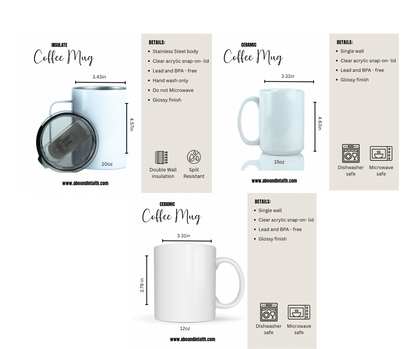 Product details of a ceramic coffee mug with dimensions and safety information.