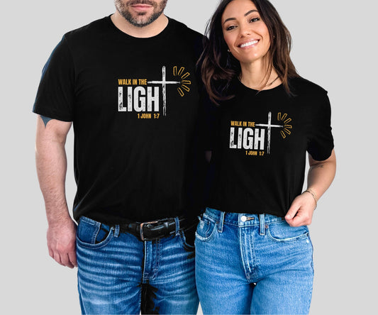 Walk in the Light Unisex Christian T-Shirt in Black with 1 John 1:7 verse — Faith-Based Appare