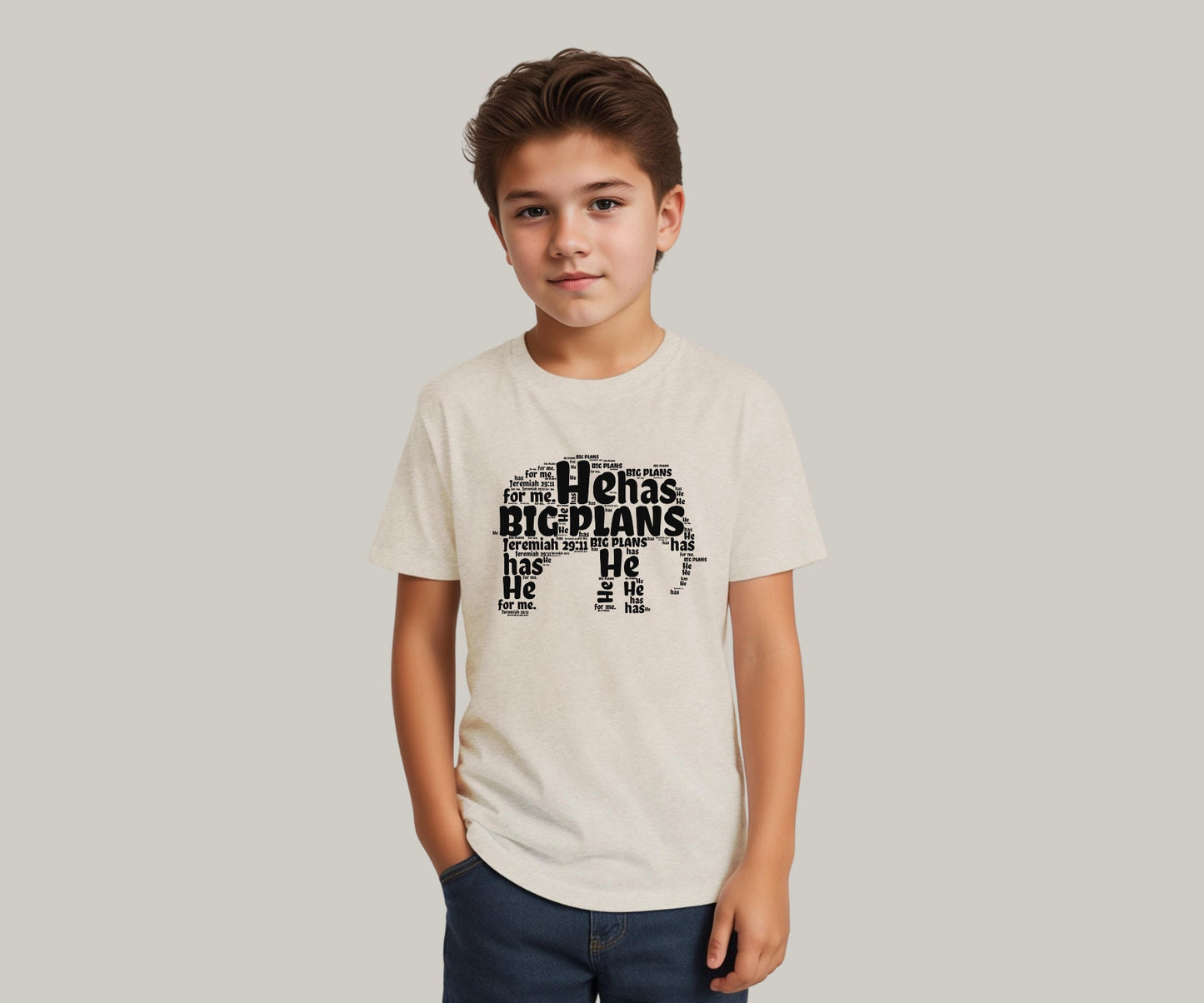 He has Big Plans for me boys christian shirt. Heather Dust Tshirt with black letters forming a elephant .