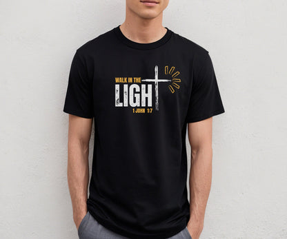 Man wearing Walk in the Light Unisex Christian T-Shirt at a Bible study — Inspirational Faith-Based Clothing